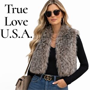 Vintage True Love USA Faux Fur Vest Boxy Sleeveless Gray 2 Hook Close Sz Large